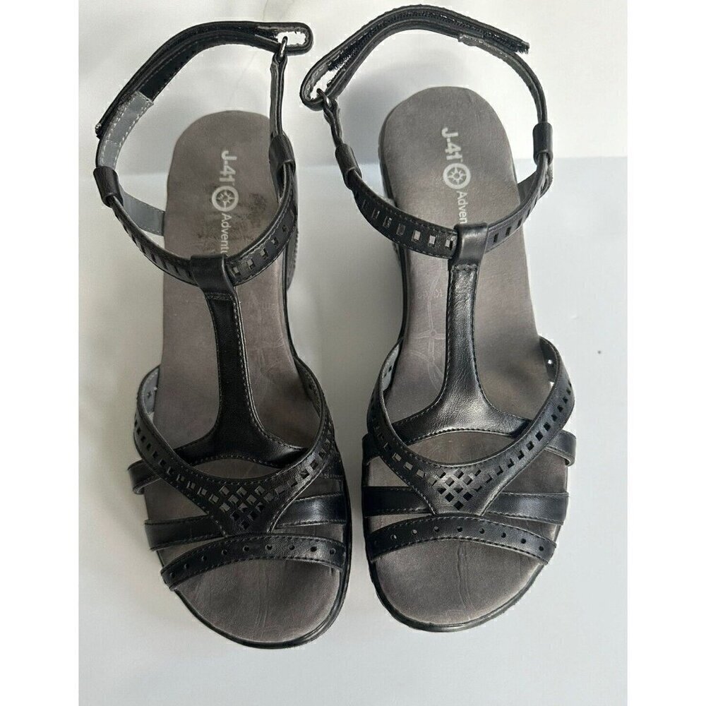 J-41 Sz 8 M Black Strappy Synthetic Wedge Heel Women Sandals Claire - Picture 7 of 8